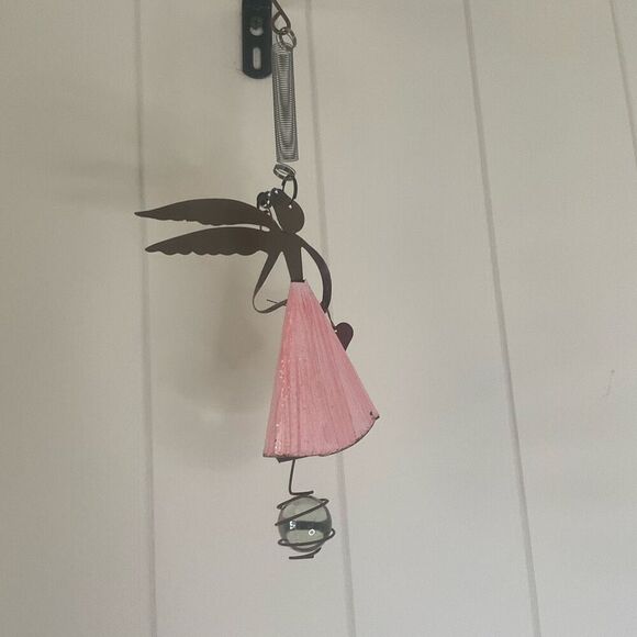 Metal Hanging Angel Figure Pink Dress Wings Heart Friendship Gift 10.5" Long - Picture 4 of 6